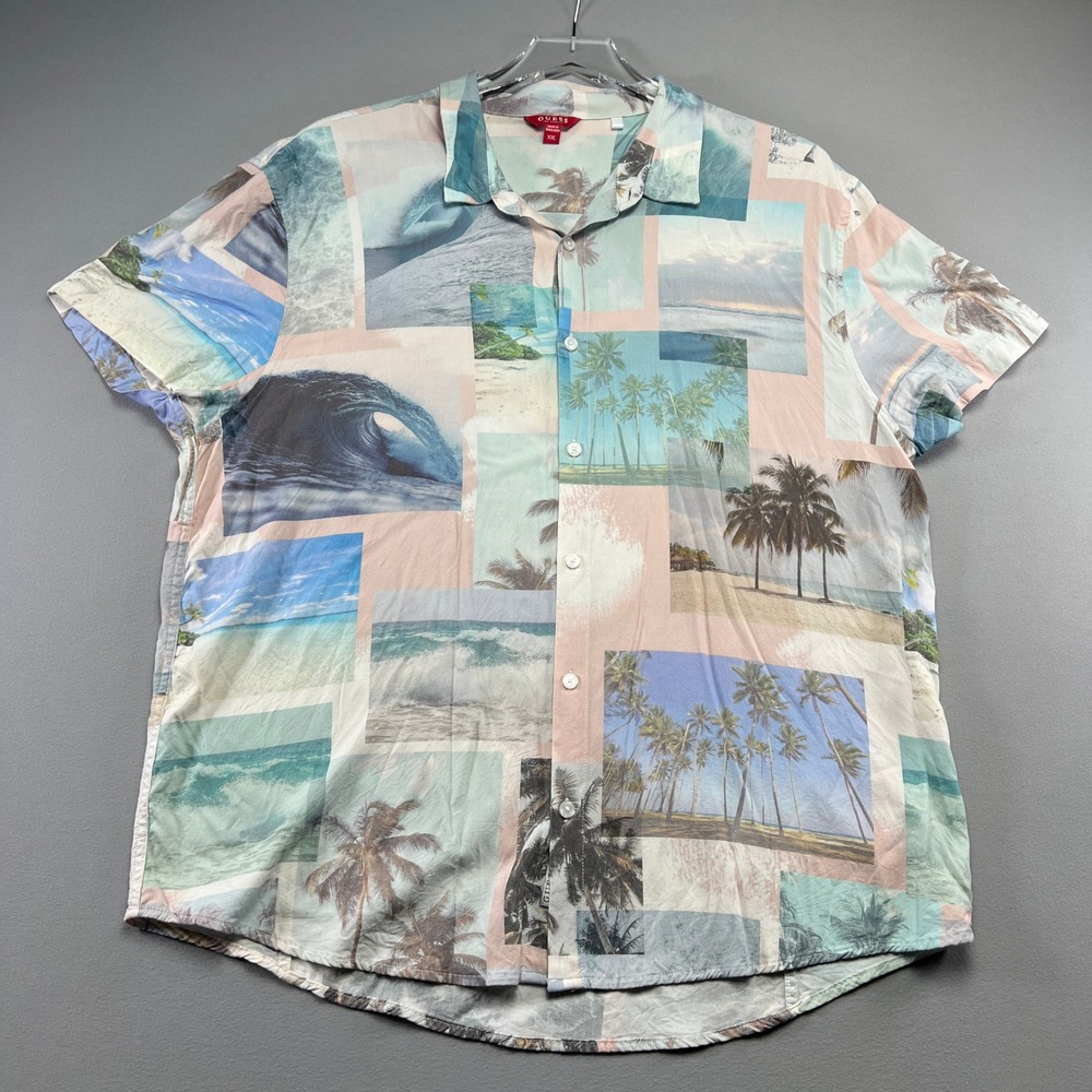 Guess Hawaiian Shirt Mens 2XL Multicolor All Over Photo Collage Print Button Up
